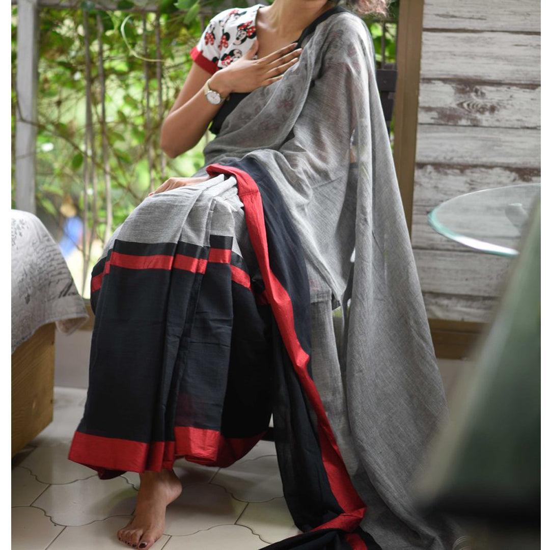 Impressive Black And Grey Colored Festive Wear Pure Linen Designer Saree - Ibis Fab
