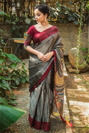 Impressive Dark Grey colored Party Wear Linen Designer Printed Saree