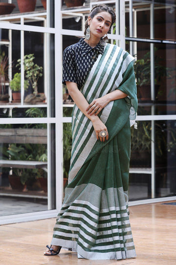 Impressive Green And White Colored  Festive Wear Printed  Pure Linen Saree