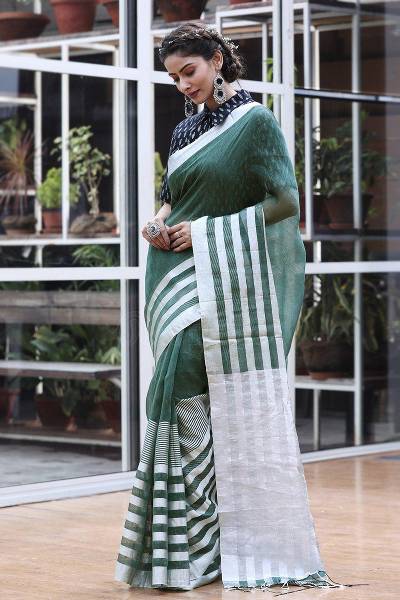 Impressive Green And White Colored Festive Wear Printed Pure Linen Saree - Ibis Fab