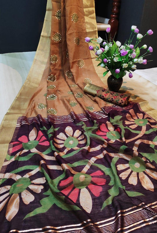 Impressive Multi Colored Festive Wear Printed Linen Cotton Saree - Ibis Fab