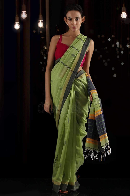 Impressive Parrot Green Colored Festive Wear Printed Pure Linen Saree - Ibis Fab