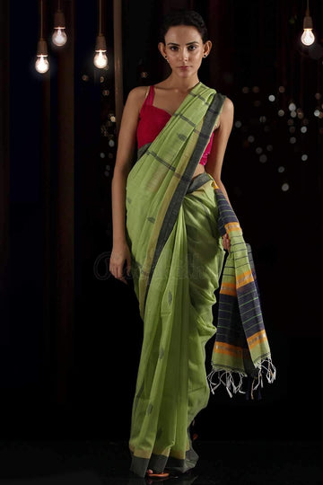 Impressive Parrot Green Colored  Festive Wear Printed  Pure Linen Saree