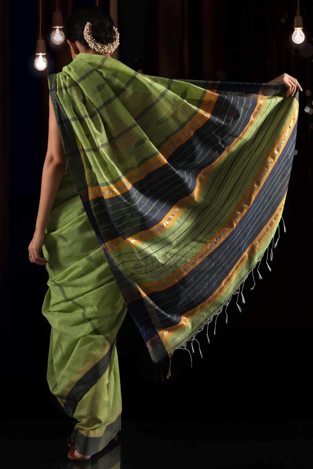 Impressive Parrot Green Colored Festive Wear Printed Pure Linen Saree - Ibis Fab
