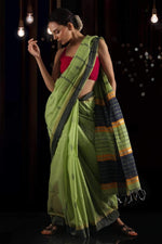 Impressive Parrot Green Colored Festive Wear Printed Pure Linen Saree - Ibis Fab