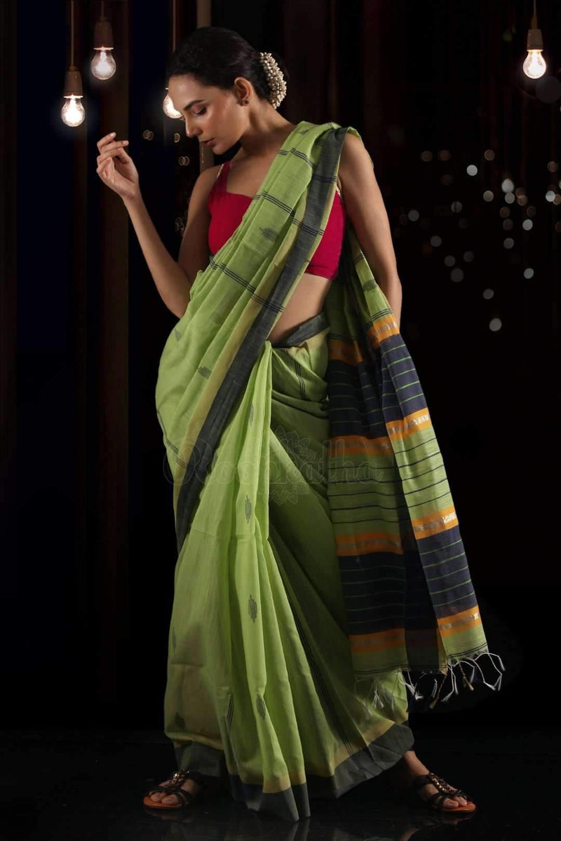 Impressive Parrot Green Colored Festive Wear Printed Pure Linen Saree - Ibis Fab
