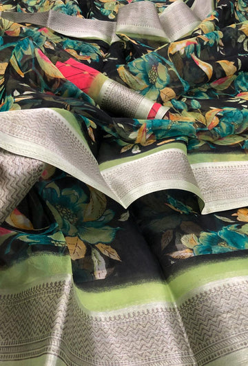 Impressive Pure Linen Black And Green Colored Casual Printed Saree