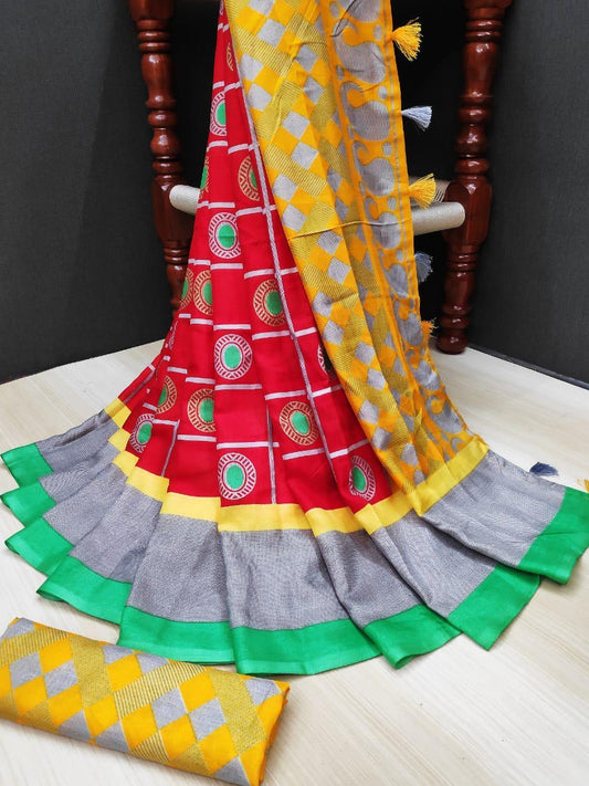 Impressive Pure Linen Multi Colored Casual Printed Saree - Ibis Fab