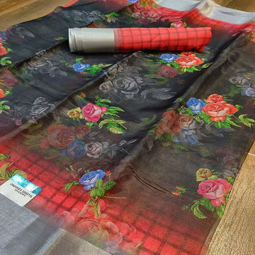 Impressive Red And Black Colored Party Wear Pure linen Printed Saree