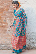 Impressive Sky Blue colored Linen Designer Printed Saree