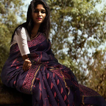 Impressive Violet Colored Party Wear Pure Linen Printed Saree