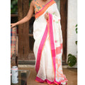 Impressive White And Orange Colored Festive Wear Pure Linen Designer Saree