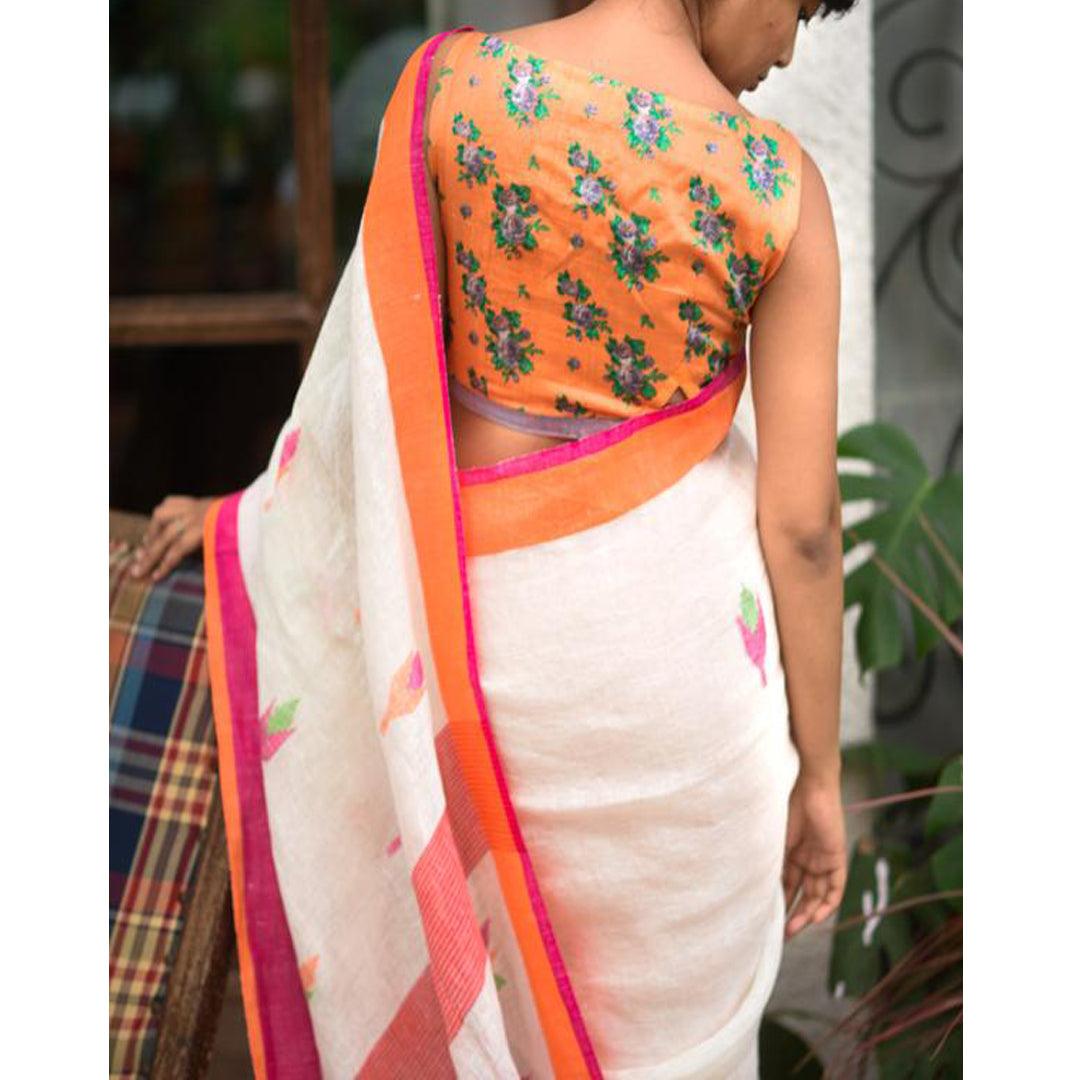 Impressive White And Orange Colored Festive Wear Pure Linen Designer Saree - Ibis Fab
