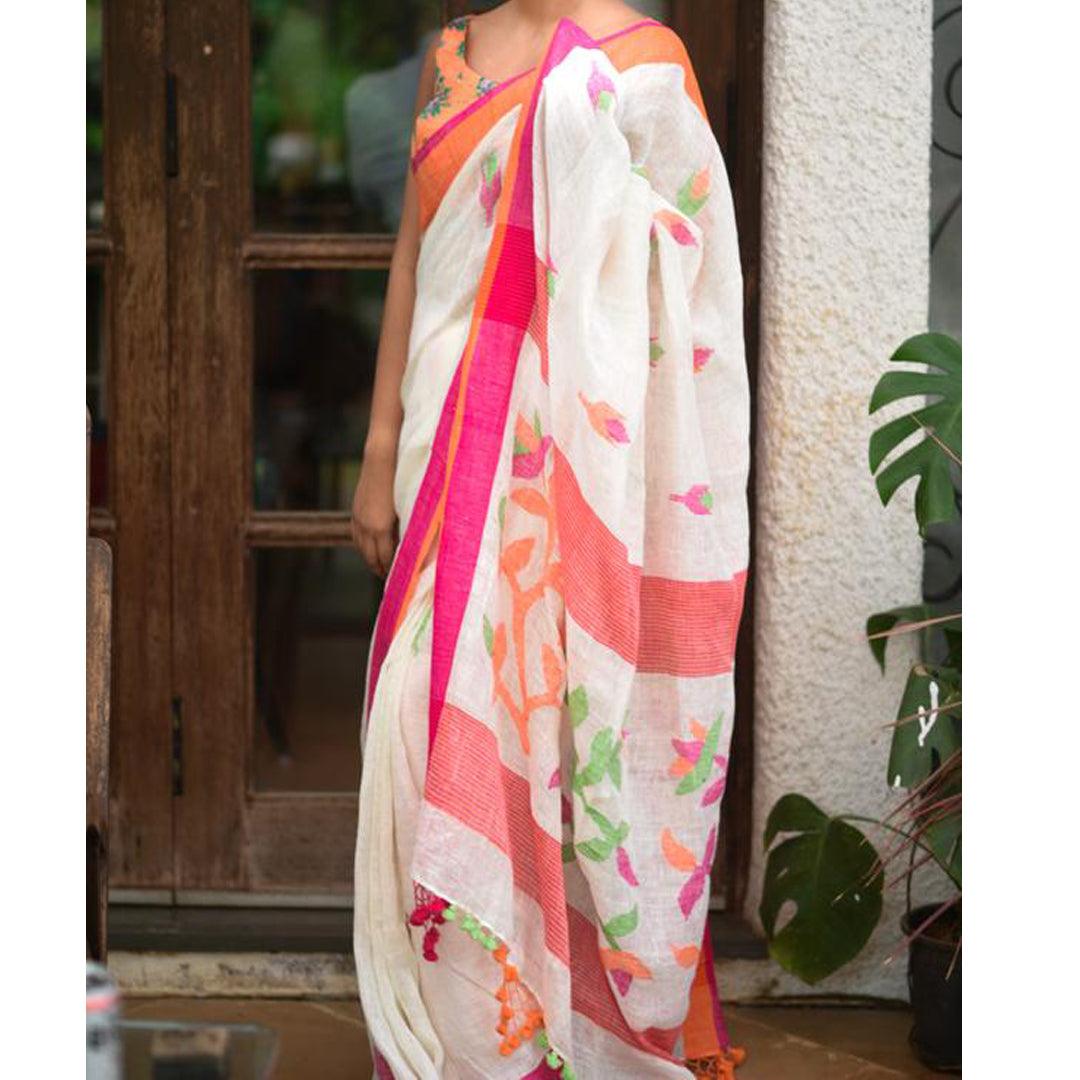 Impressive White And Orange Colored Festive Wear Pure Linen Designer Saree - Ibis Fab