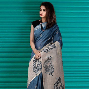 Innovative  Cream & Blue  Colored  Festive Printed  Pure Linen Saree