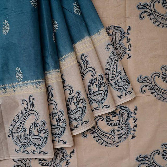 Innovative Cream & Blue Colored Festive Printed Pure Linen Saree - Ibis Fab