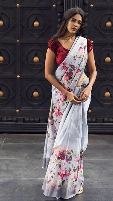 Innovative Light Grey Flowered Partywear Linen Designer Printed Saree