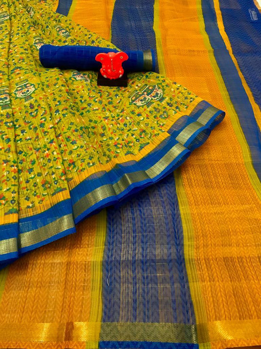 Innovative Multi Colored Casual Printed Fancy Linen Cotton Saree - Ibis Fab