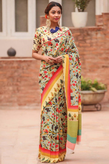 Innovative Multi colored Linen Designer Printed Saree