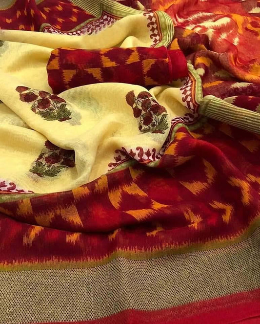 Innovative Pure Linen Multi Colored Casual Printed Saree - Ibis Fab