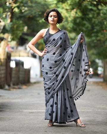 Intricate Dark Grey Pure Linen Designer Saree