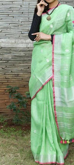 Intricate Light Green Colored Festive Wear Linen Saree - Ibis Fab