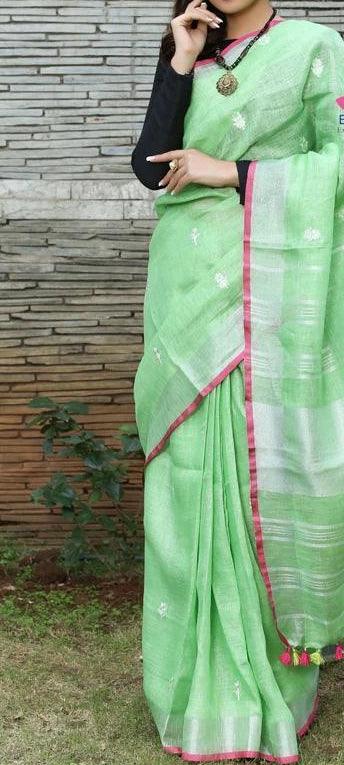 Intricate Light Green Colored Festive Wear Linen Saree