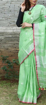 Intricate Light Green Colored Festive Wear Linen Saree - Ibis Fab