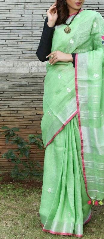 Intricate Light Green Colored Festive Wear Linen Saree - Ibis Fab