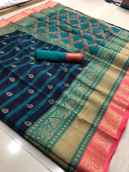 Intricate Linen Cotton Multi Colored Casual Printed Saree - Ibis Fab