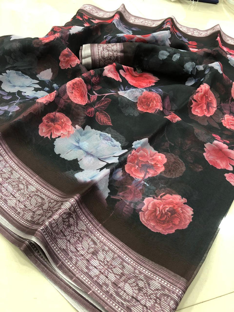 Intricate Pure Linen Black And Pink Colored Casual Printed Saree - Ibis Fab