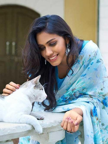 Intricate Sky Blue Colored  Festive Wear Printed  Pure Linen Saree