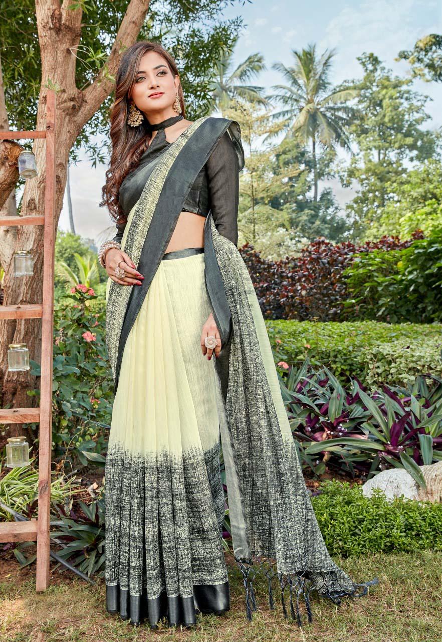 Jazzy Pure Linen Beige Colored Casual Printed Saree - Ibis Fab