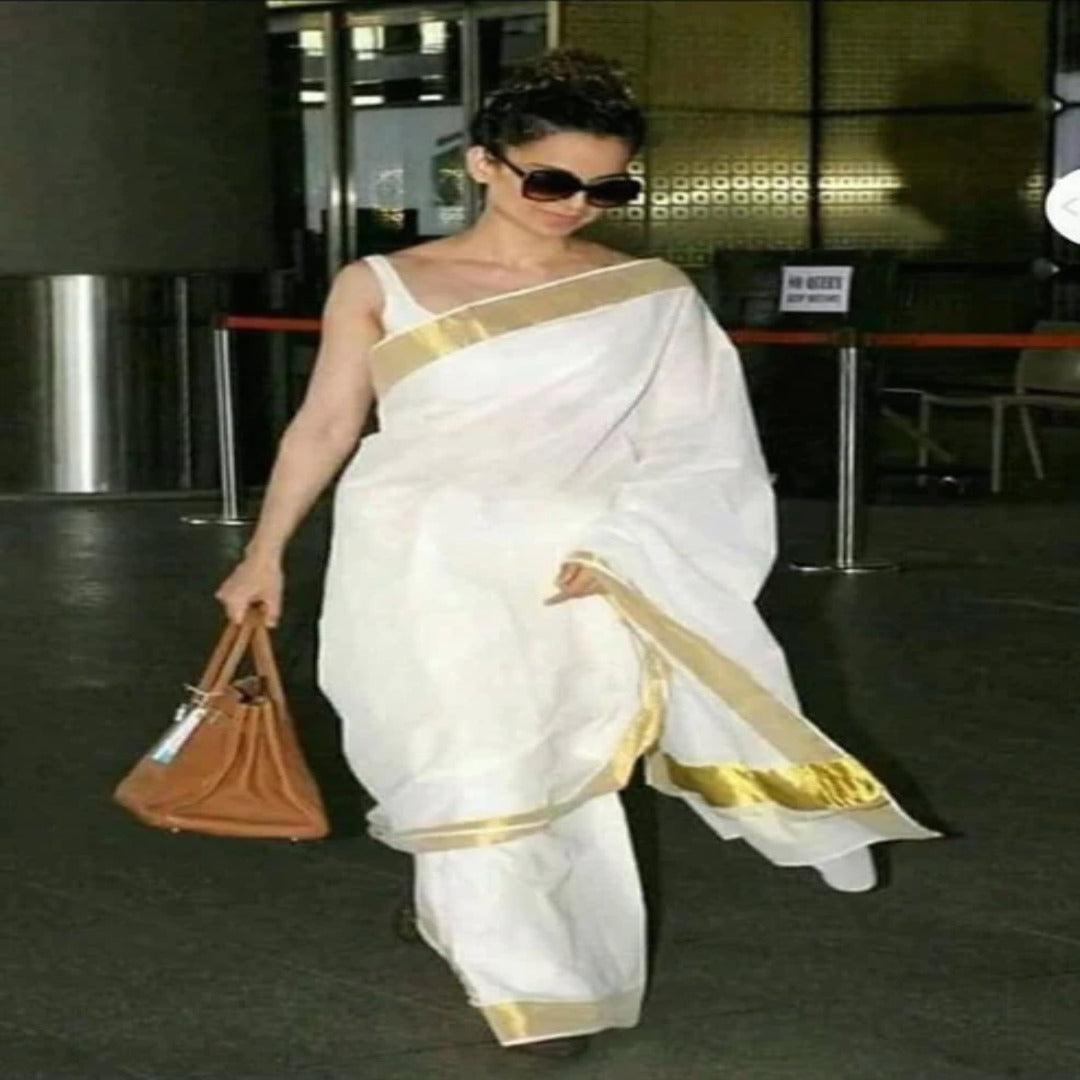 Kangana Ranaut Special White Pure Linen Designer Bollywood Saree - Ibis Fab