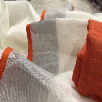 Latest Orange Border and White  Pure Plain Lenin Sarees with contrast blouse