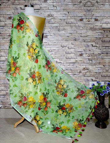 Light Green Floral Digital Linen Dupatta