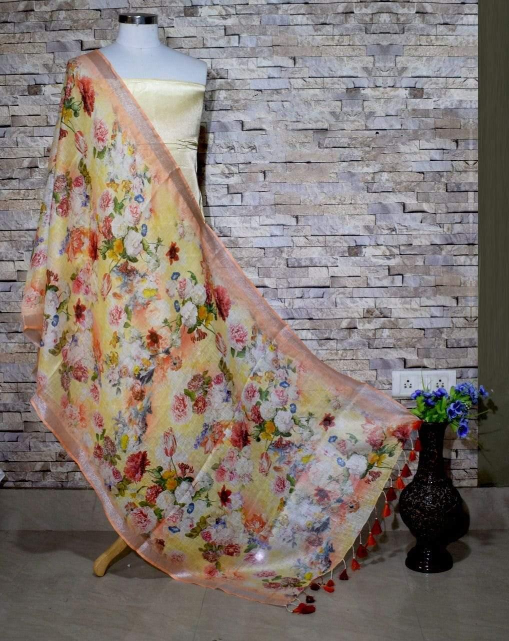 Light Peach Floral Design Digital Linen Dupatta - Ibis Fab