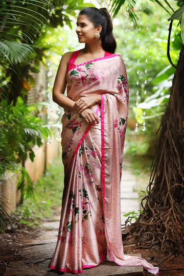 Light Pink Linen Designer Printed Saree