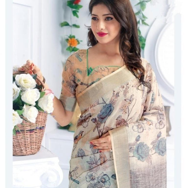 Linen cotton beige saree, party wear - Ibis Fab