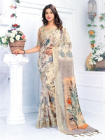 Linen cotton beige saree, party wear - Ibis Fab