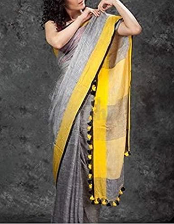 Linen cotton saree in grey designer wear