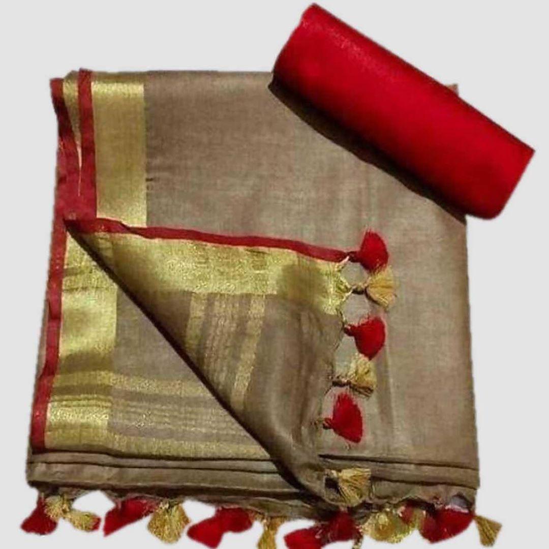 Linen cotton saree in Tan , dazzling designer wear - Ibis Fab