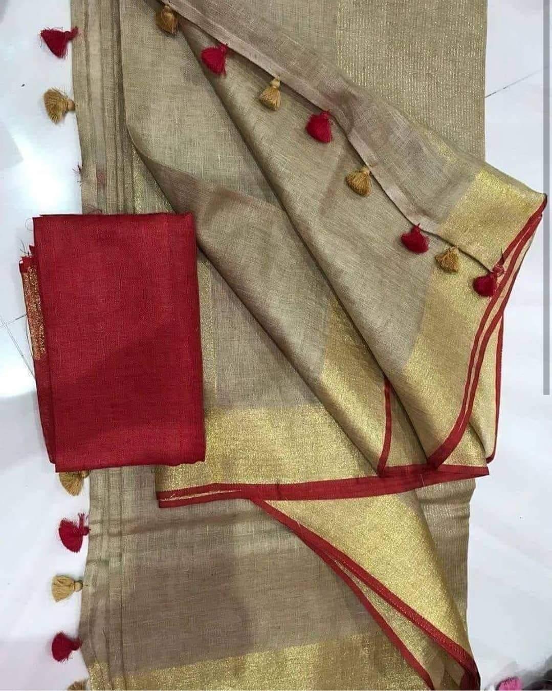 Linen cotton saree in Tan , dazzling designer wear - Ibis Fab