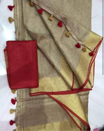 Linen cotton saree in Tan , dazzling designer wear - Ibis Fab