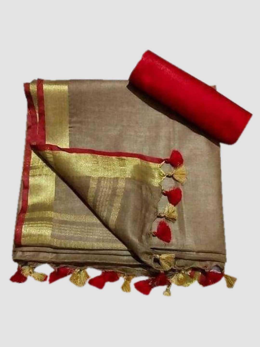 Linen cotton saree in Tan , dazzling designer wear - Ibis Fab