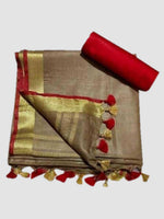 Linen cotton saree in Tan , dazzling designer wear - Ibis Fab