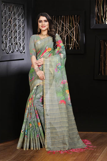 Linen  Mint Color Flowers Printed Designer Saree