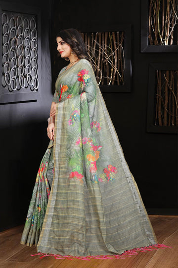 Linen  Mint Color Flowers Printed Designer Saree