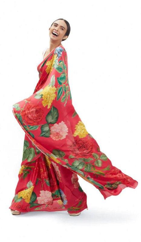Linen saree beautiful red designer wear - Ibis Fab