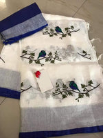 Linen saree beautiful white designer wear - Ibis Fab